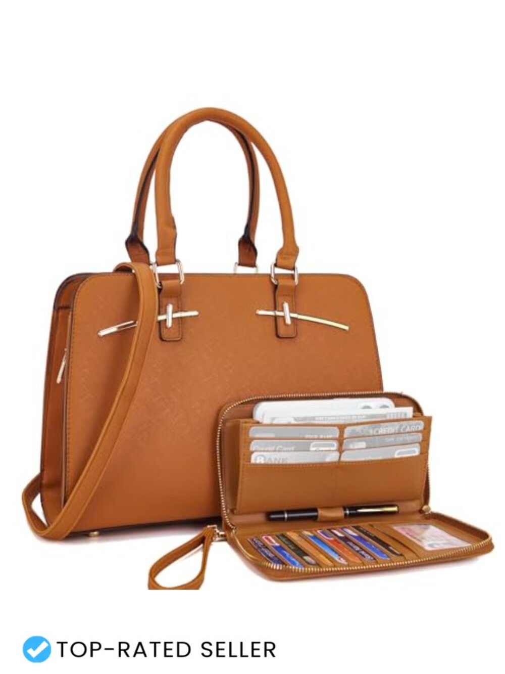 Faux Leather Tote Bag RFID Blocking Wallet 3 Compartments Work Handbag